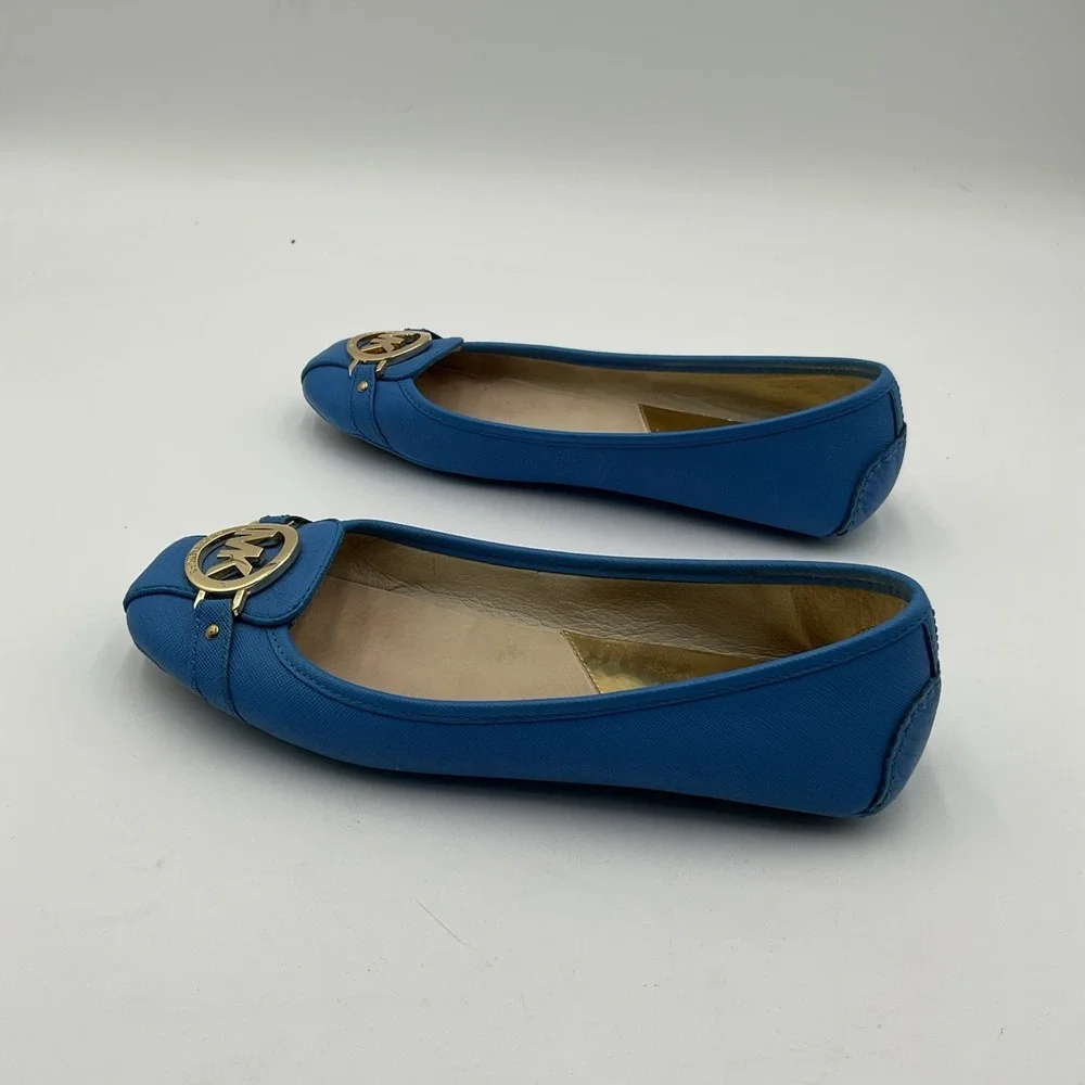 MICHAEL KORS  Saffiano Leather Flat Shoe Blue and Gold Size 8.5